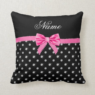 Personalised name black diamonds pink bow cushion