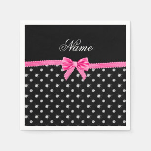 Personalised name black diamonds pink bow napkin