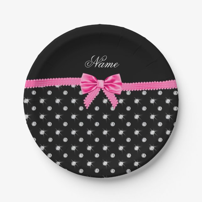 Personalised name black diamonds pink bow paper plate (Front)
