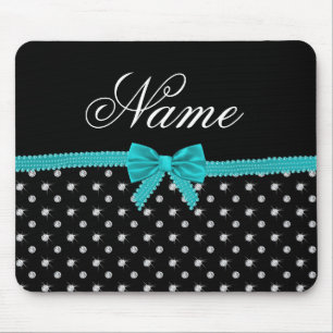 Personalised name black diamonds turquoise bow mouse pad