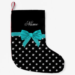 Personalised name black diamonds turquoise bow small christmas stocking