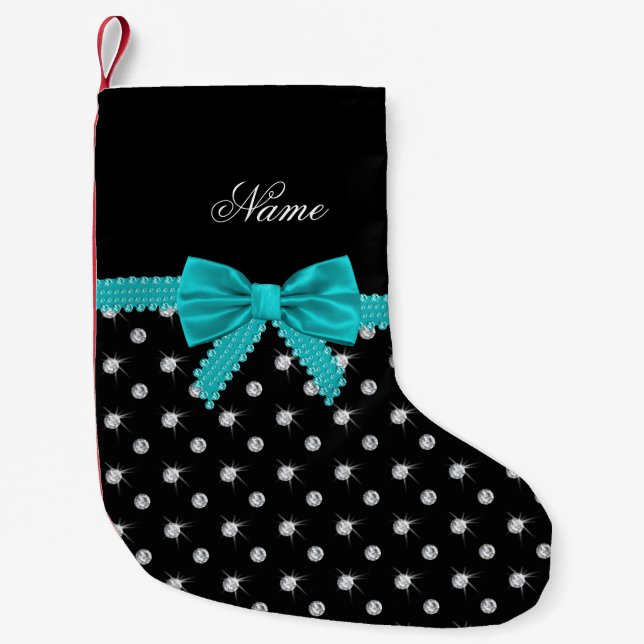 Personalised name black diamonds turquoise bow small christmas stocking (Front)