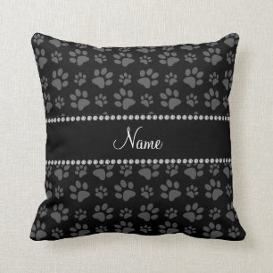 Personalised name black dog paw prints cushion
