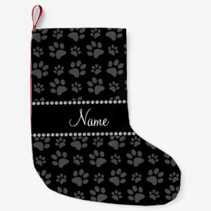 Personalised name black dog paw prints small christmas stocking