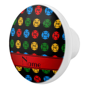 Personalised name black fire department symbols ceramic knob