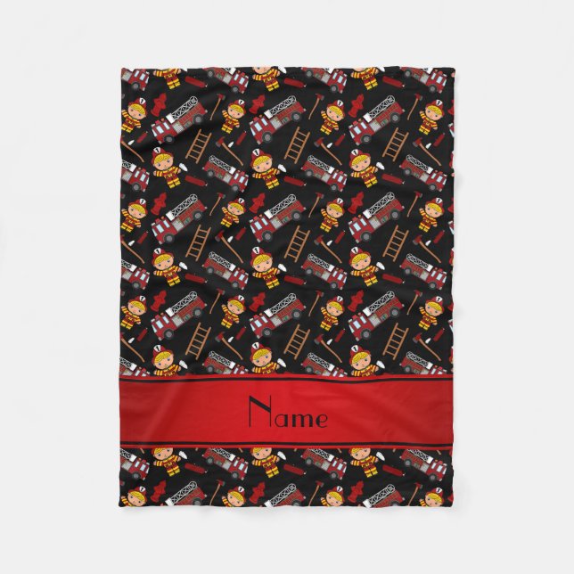 Personalised name black firemen trucks ladders fleece blanket (Front)