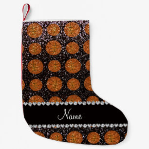 Personalised name black glitter basketballs small christmas stocking