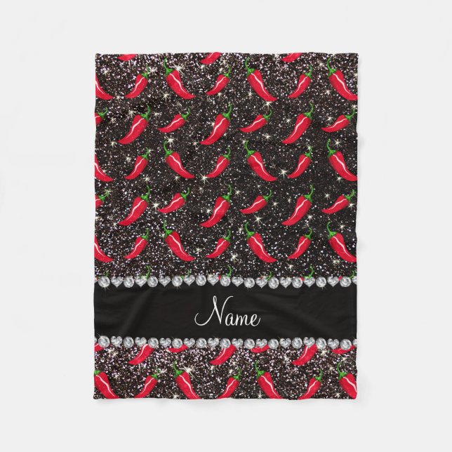 Personalised name black glitter chilli pepper fleece blanket (Front)