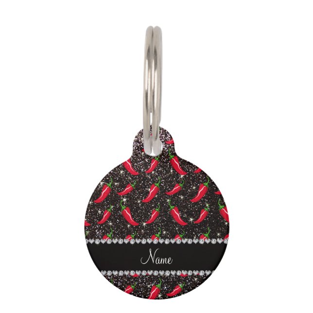 Personalised name black glitter chilli pepper pet tag (Front)