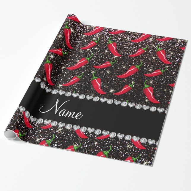 Personalised name black glitter chilli pepper wrapping paper (Unrolled)