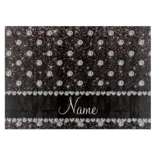 Personalised name black glitter diamonds cutting board