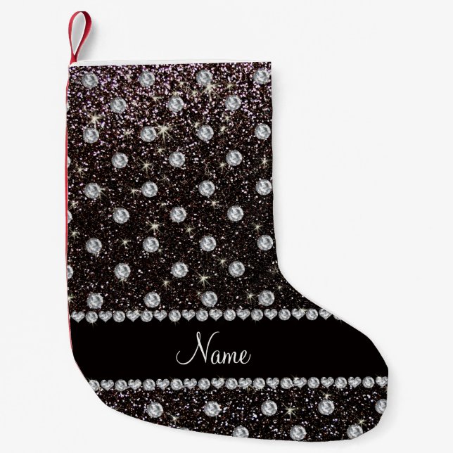 Personalised name black glitter diamonds small christmas stocking (Front)