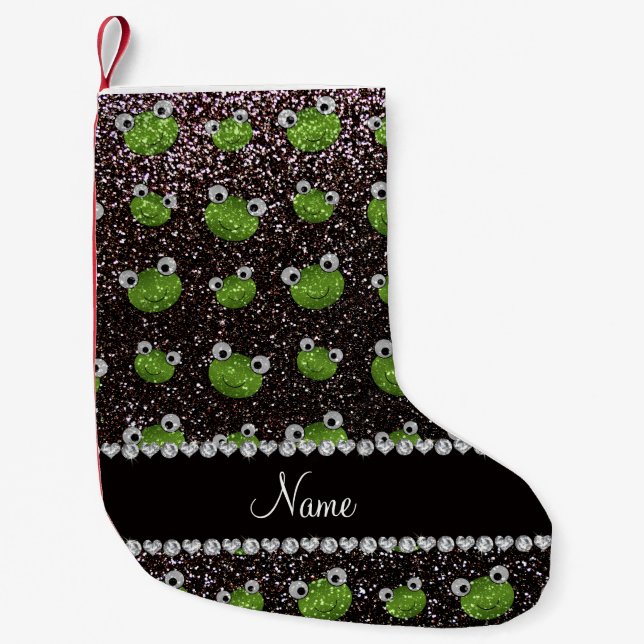 Personalised name black glitter frogs small christmas stocking (Front)