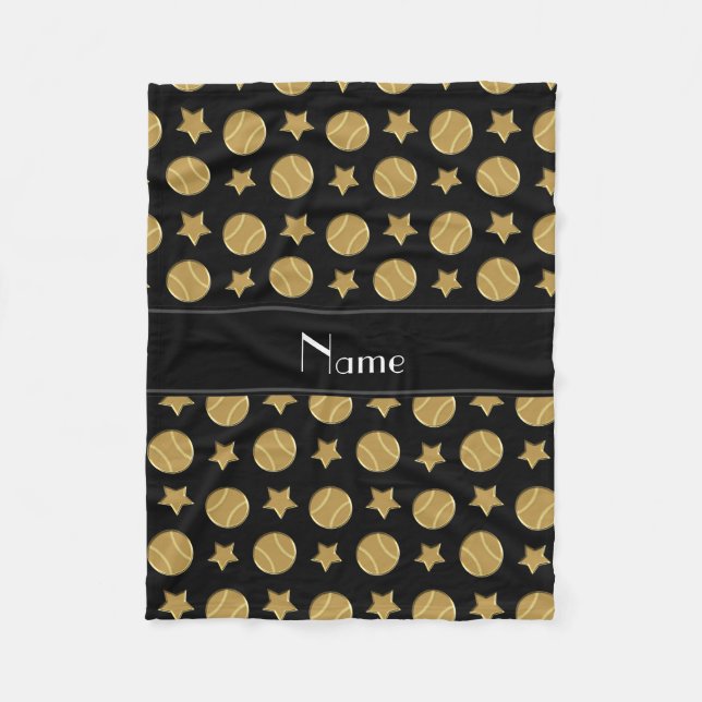 Personalised name black gold baseballs stars fleece blanket (Front)