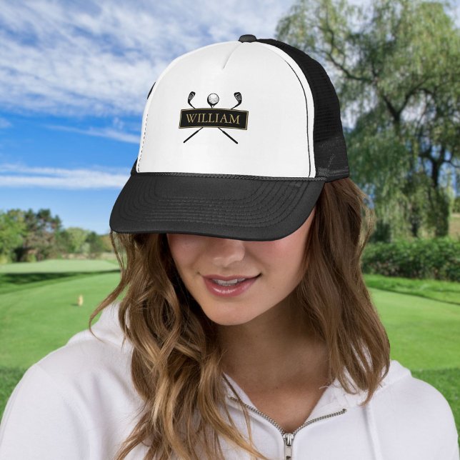 Personalised Name Black Gold Golf Ball And Clubs Trucker Hat (Personalized Name Black Gold Golf Ball And Clubs Trucker Hat)