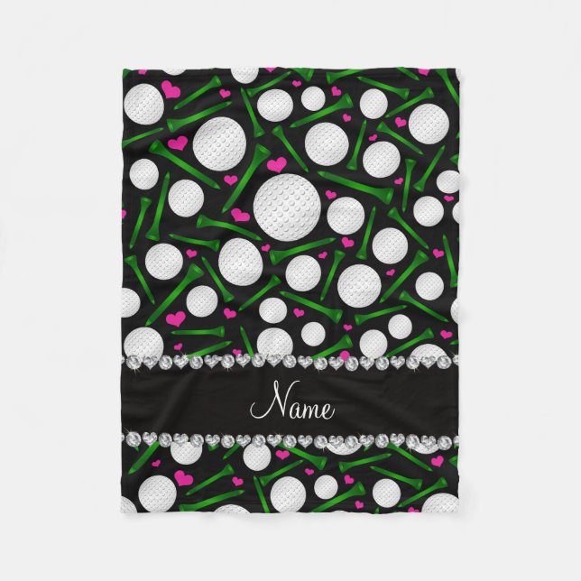 Personalised name black golf balls tees hearts fleece blanket (Front)