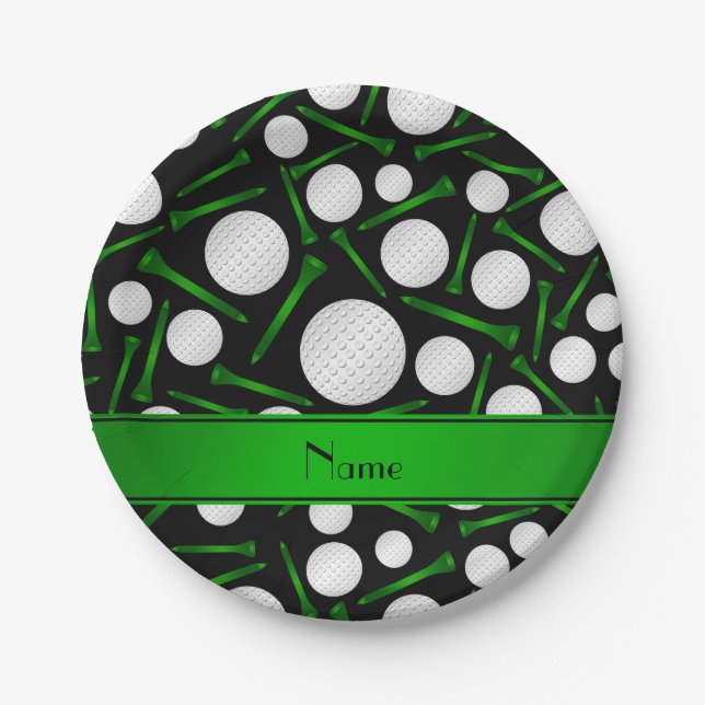Personalised name black golf balls tees paper plate (Front)