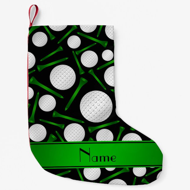Personalised name black golf balls tees small christmas stocking (Front)