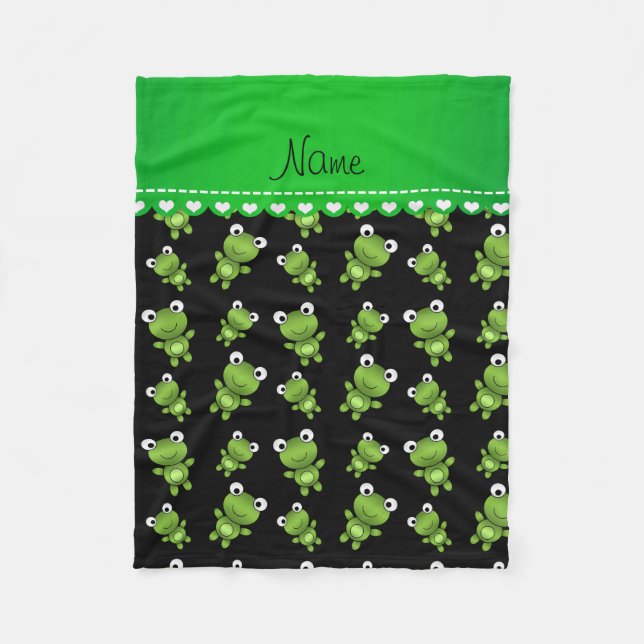 Personalised name black green frogs fleece blanket (Front)