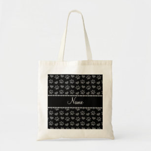 Personalised name black hearts and paw prints tote bag