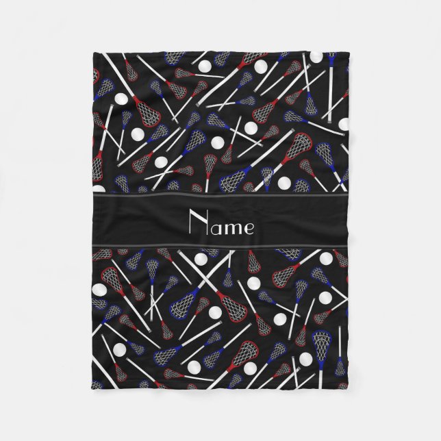 Personalised name black lacrosse pattern fleece blanket (Front)