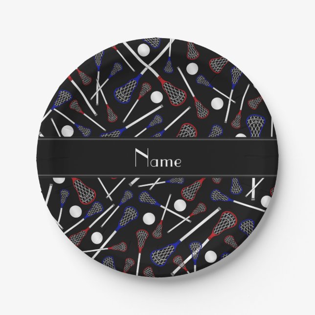 Personalised name black lacrosse pattern paper plate (Front)