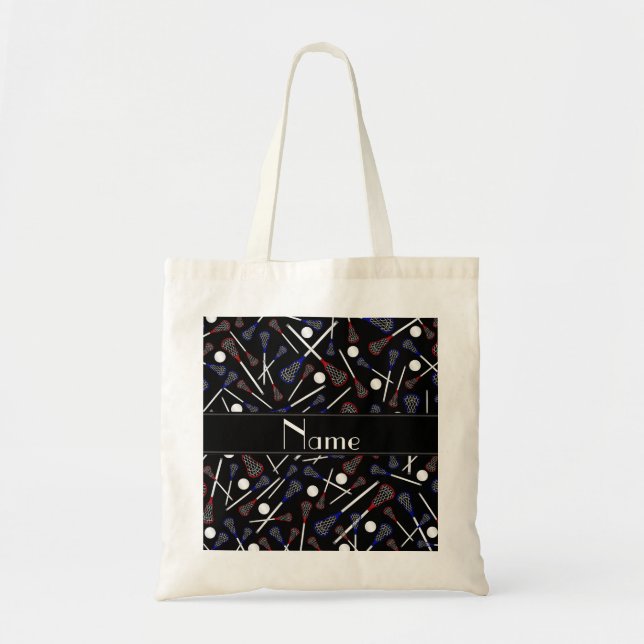 Personalised name black lacrosse pattern tote bag (Front)