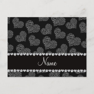 Personalised name black leopard hearts postcard