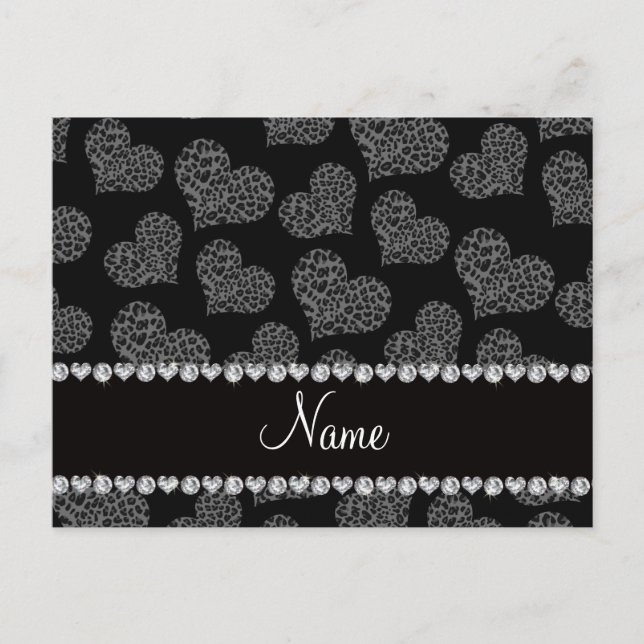 Personalised name black leopard hearts postcard (Front)