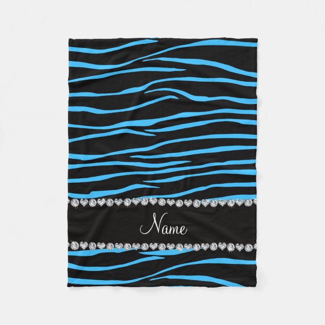 Personalised name black light blue zebra stripes fleece blanket (Front)