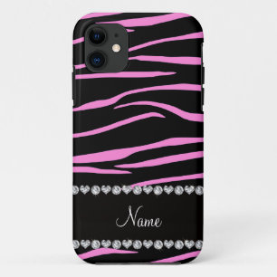 Personalised name black light pink zebra stripes iPhone 11 case