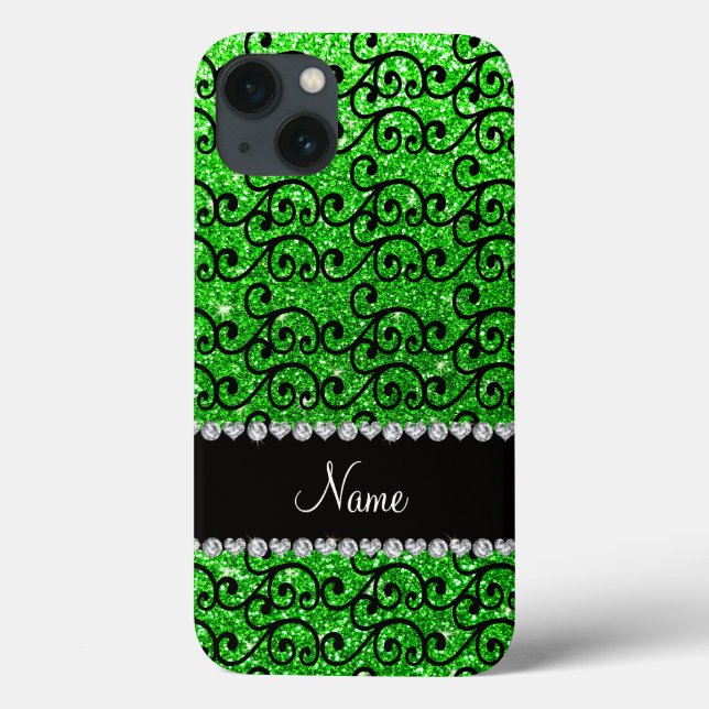 Personalised name black lime green glitter swirls Case-Mate iPhone case (Back)