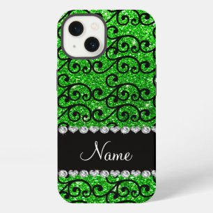 Personalised name black lime green glitter swirls iPhone case