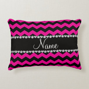 Personalised name black neon hot pink chevrons decorative cushion