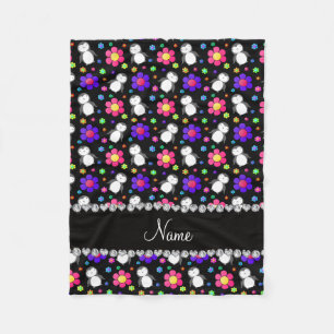 Personalised name black penguins flowers fleece blanket