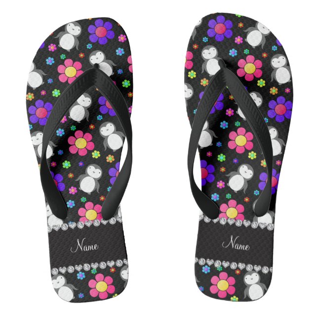 Personalised name black penguins flowers thongs (Footbed)