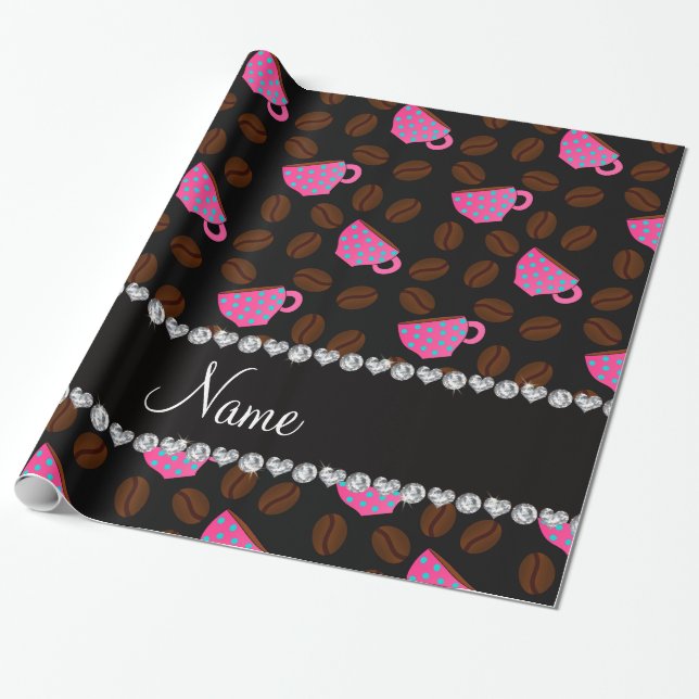 Personalised name black pink coffee cups beans wrapping paper (Unrolled)