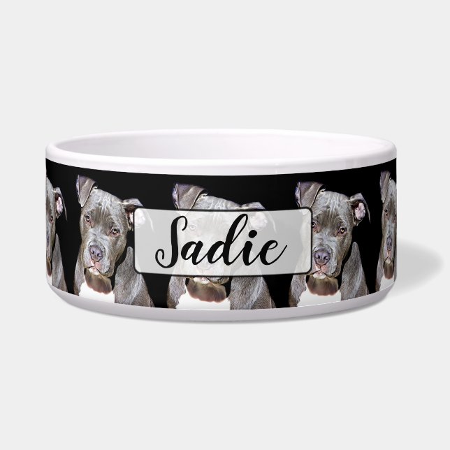 Personalised Name Black Pit bull  Dog Bowl (Front)