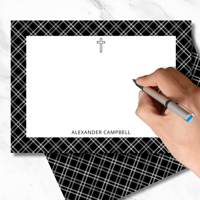 Personalised Name Black Plaid Christian Cross Card (Creator Uploaded)