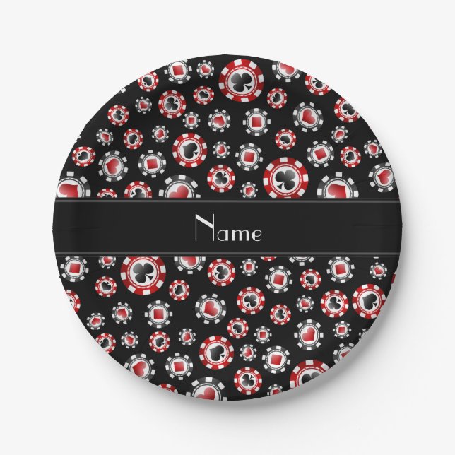 Personalised name black poker chips paper plate (Front)