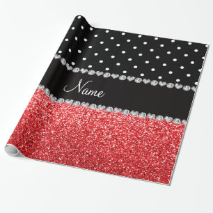 Personalised name black polka dots red glitter wrapping paper
