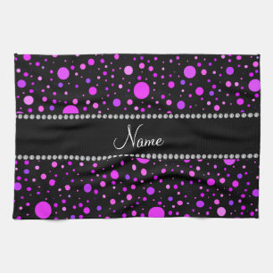 Personalised name black purple polka dots tea towel