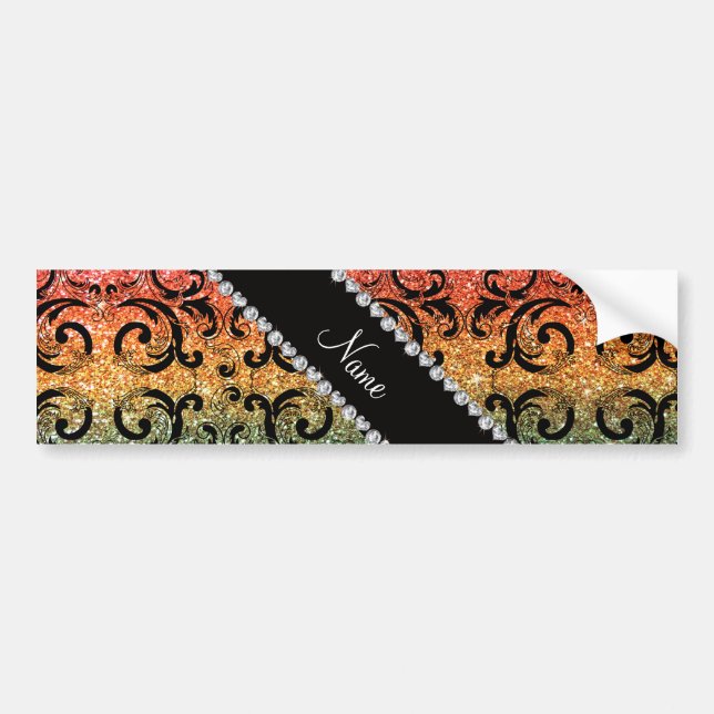 Personalised name black rainbow glitter damask bumper sticker (Front)