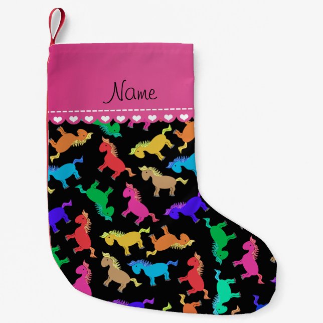 Personalised name black rainbow horses small christmas stocking (Front)