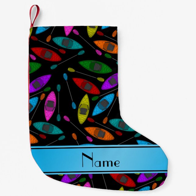 Personalised name black rainbow kayaks small christmas stocking (Front)