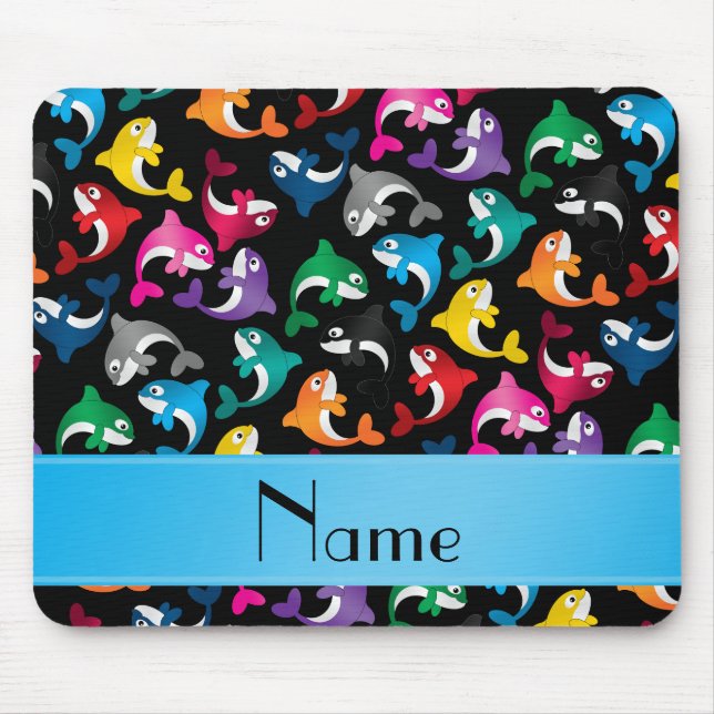 Personalised name black rainbow killer whales mouse pad (Front)