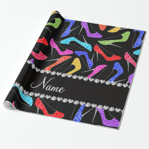 Personalised name black rainbow leopard high heels wrapping paper