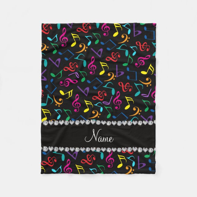 Personalised name black rainbow music notes fleece blanket (Front)