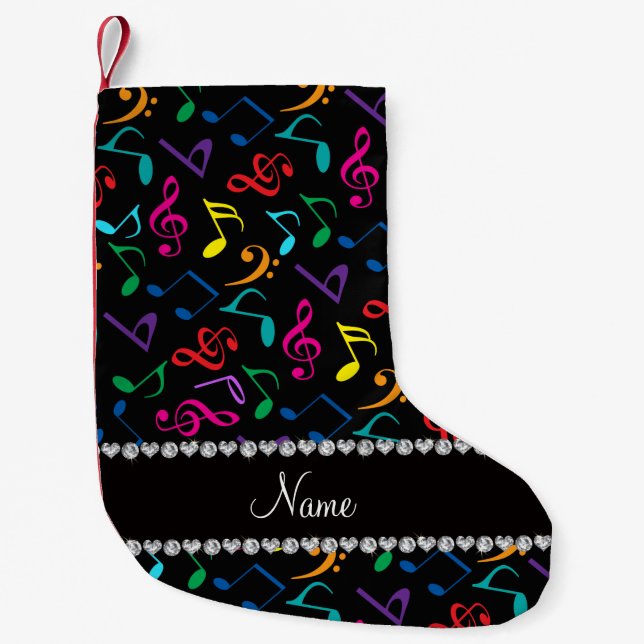 Personalised name black rainbow music notes small christmas stocking (Front)