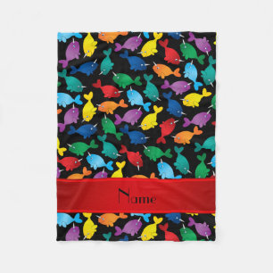 Personalised name black rainbow narwhals fleece blanket